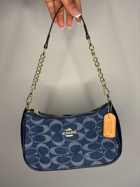 Coach Denim Signature Mini Shoulder Bag in Blue with Tan Tag